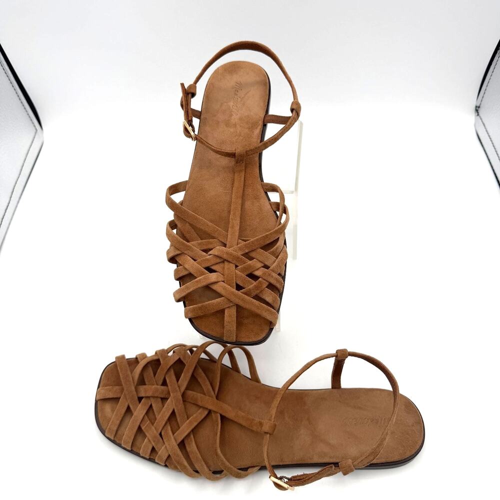 Madewell Suede Strappy Sandals Gladiator Womens Brown Tan Woven Flat Ankle 9.5